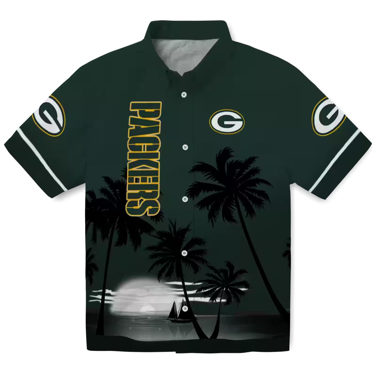 Unisex Green Bay Packers Hawaiian Button-Down Shirt - Dark Green Beach Sunset Palm Tree Print