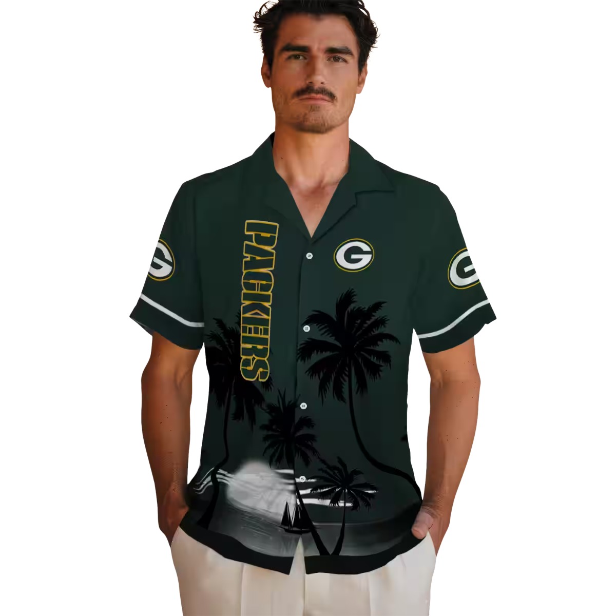 Unisex Green Bay Packers Hawaiian Button-Down Shirt - Dark Green Beach Sunset Palm Tree Print