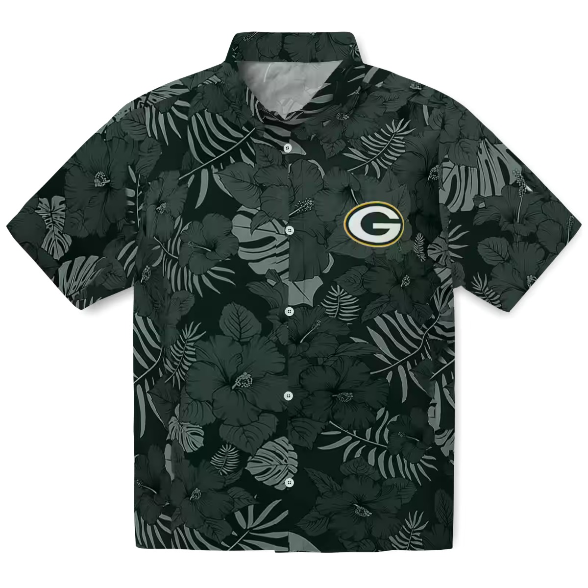 Unisex Green Bay Packers Hawaiian Button-Down Shirt Dark Green Tropical Floral Leaf Print Casual Summer
