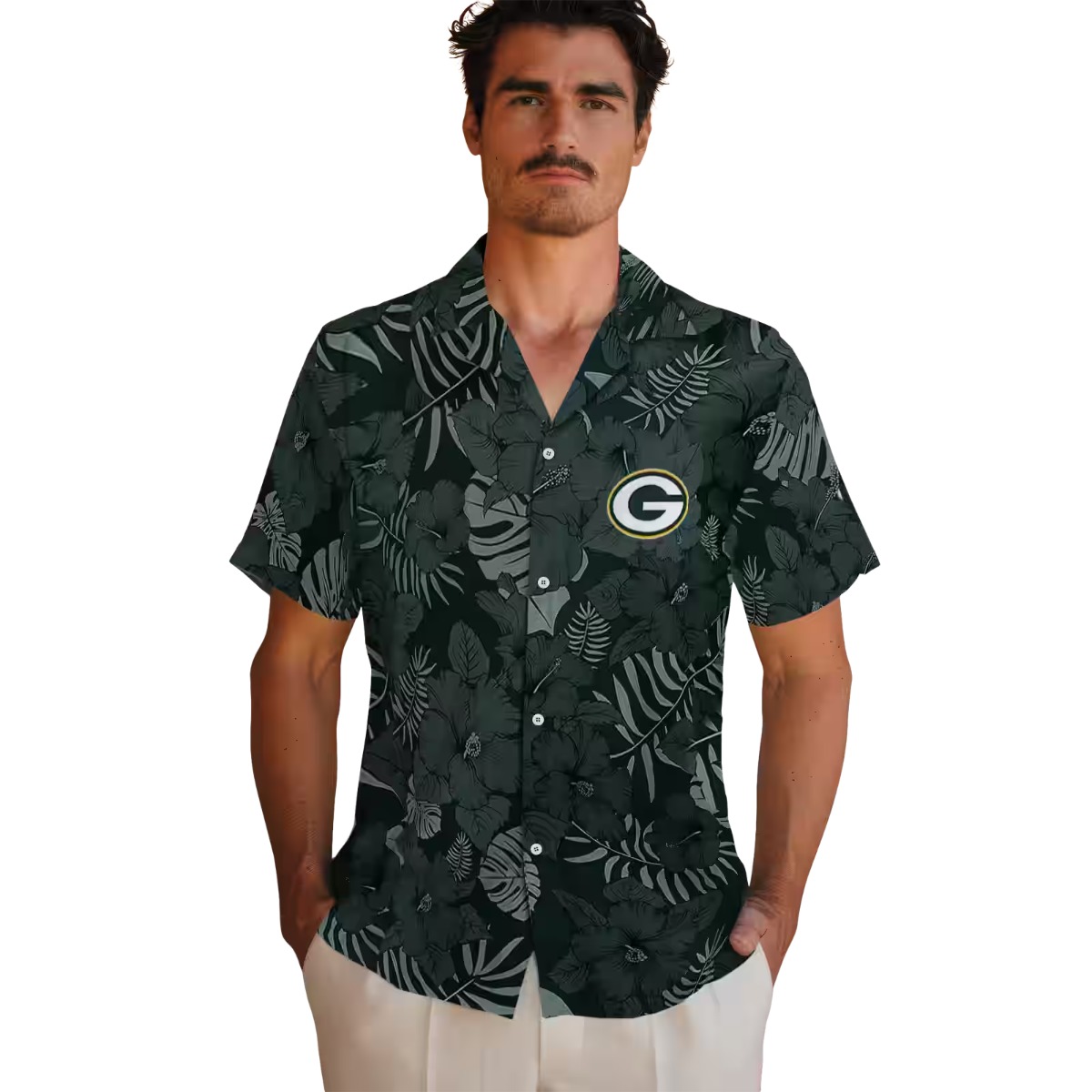 Unisex Green Bay Packers Hawaiian Button-Down Shirt Dark Green Tropical Floral Leaf Print Casual Summer