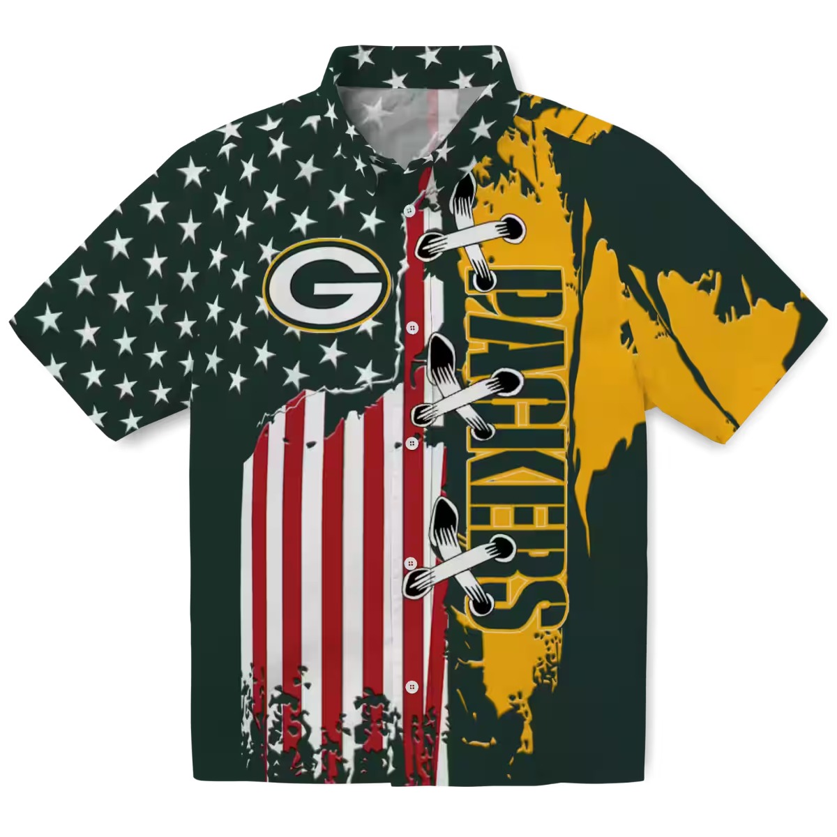 Unisex Green Bay Packers Hawaiian Shirt American Flag Lacing Graphic Dark Green Yellow Casual Button-Down