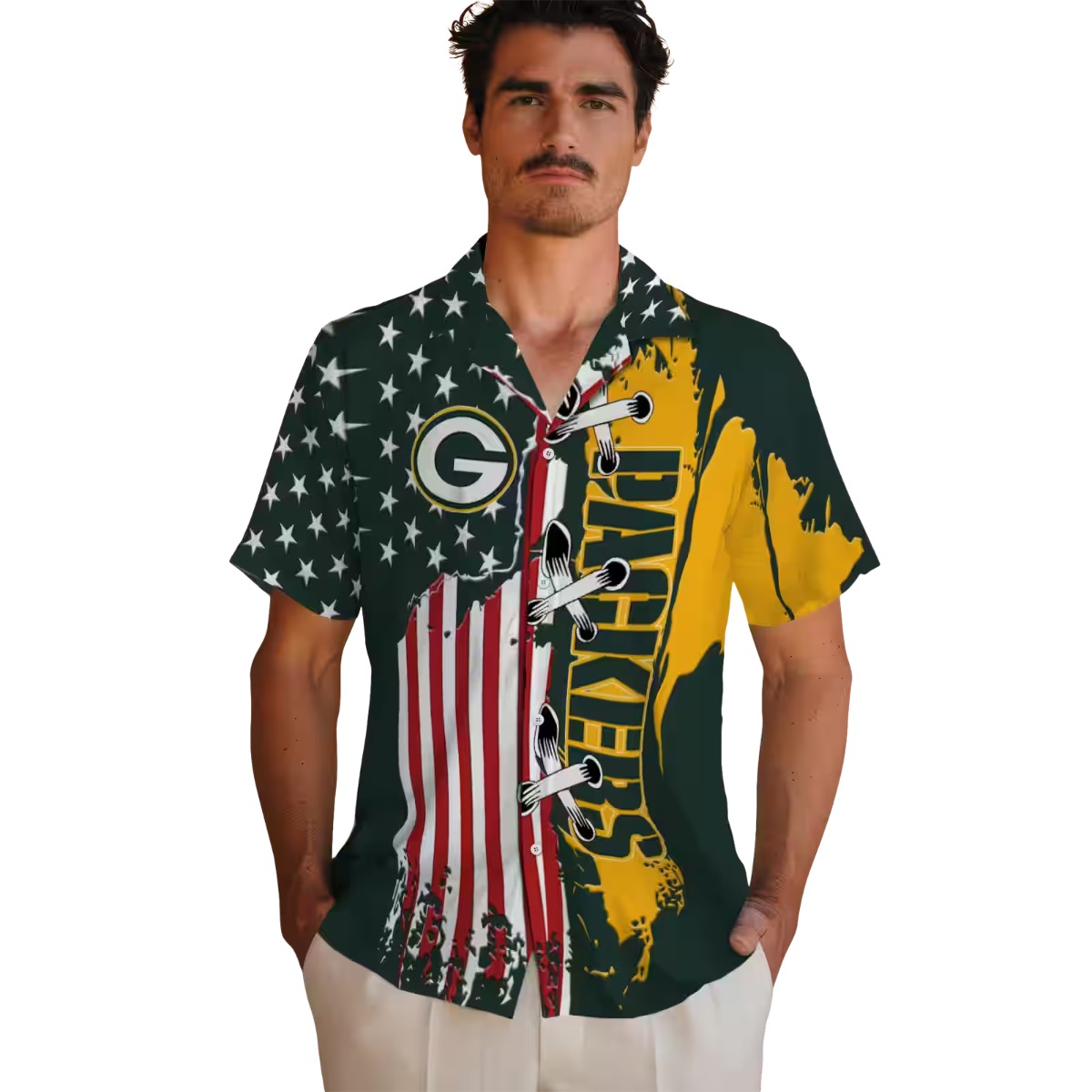 Unisex Green Bay Packers Hawaiian Shirt American Flag Lacing Graphic Dark Green Yellow Casual Button-Down