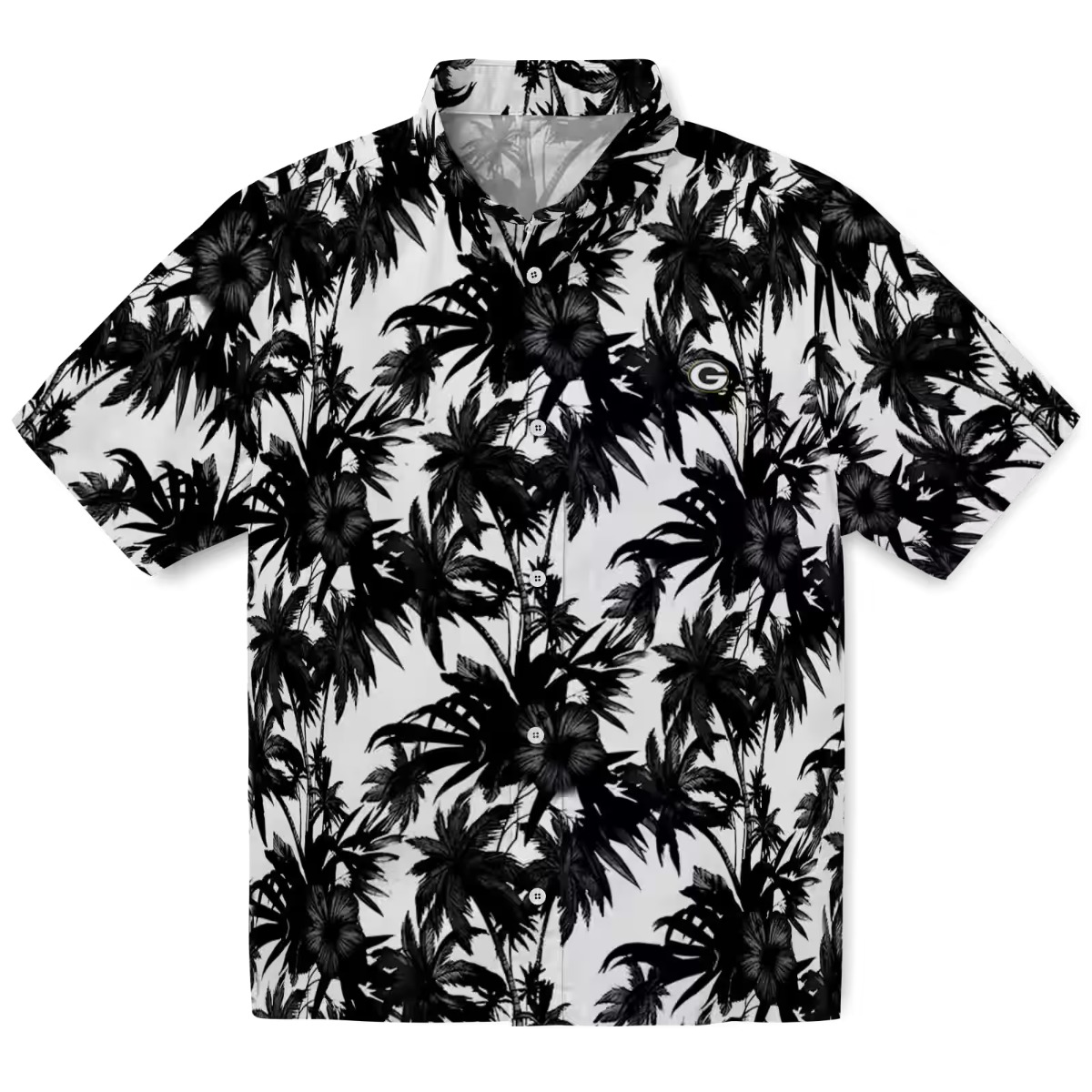 Unisex Green Bay Packers Hawaiian Shirt - Black White Palm Tree Tropical Print Short Sleeve Button-Down