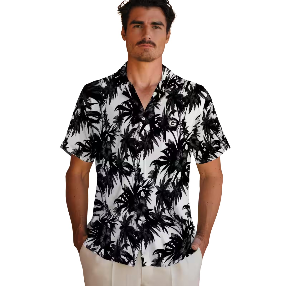 Unisex Green Bay Packers Hawaiian Shirt - Black White Palm Tree Tropical Print Short Sleeve Button-Down