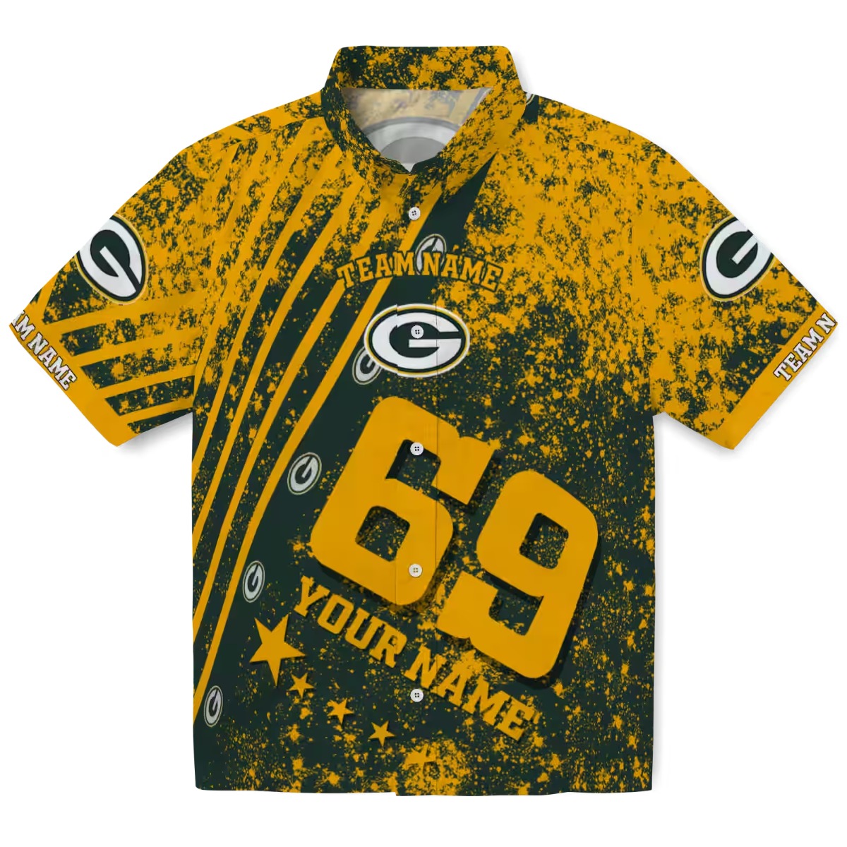 Unisex Green Bay Packers Hawaiian Shirt - Custom Green Yellow Star Stripes Distressed Button Down with Logo and Number 69