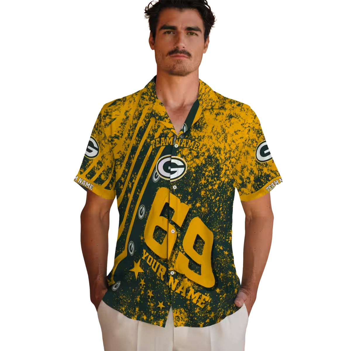 Unisex Green Bay Packers Hawaiian Shirt - Custom Green Yellow Star Stripes Distressed Button Down with Logo and Number 69