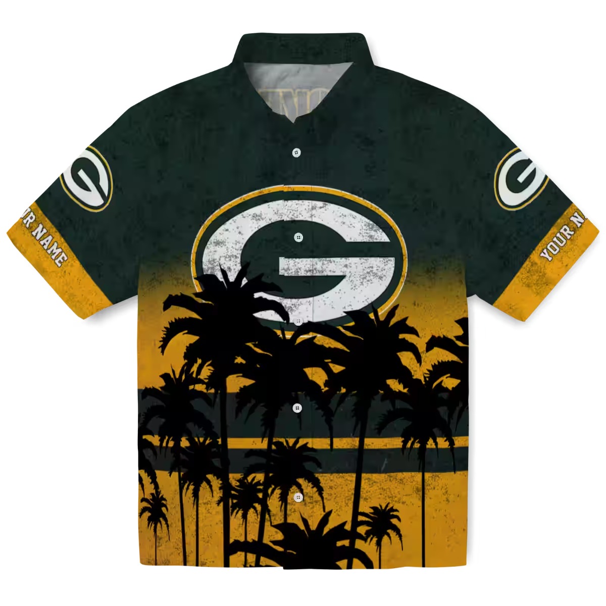 Unisex Green Bay Packers Hawaiian Shirt Custom Name Green Gold Sunset Palm Tree Tropical Button-Down