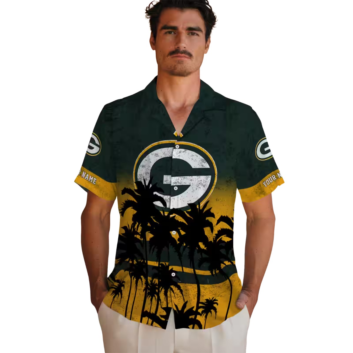 Unisex Green Bay Packers Hawaiian Shirt Custom Name Green Gold Sunset Palm Tree Tropical Button-Down