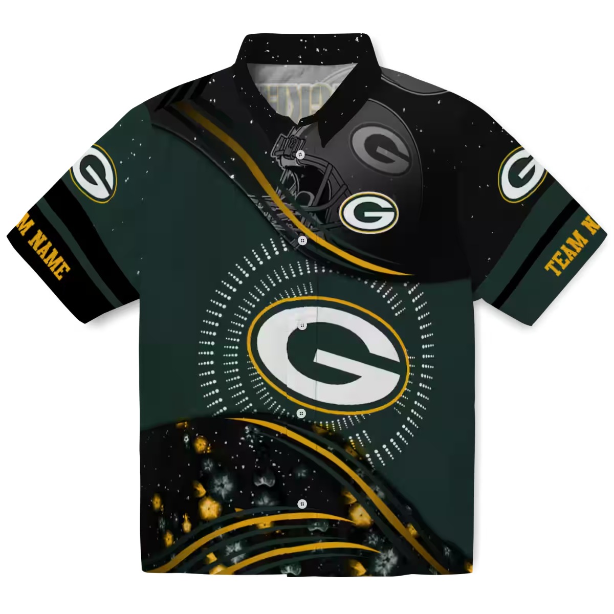Unisex Green Bay Packers Hawaiian Shirt, Green Black Gold Wavy Design with Team Logo Helmet Graphic, Casual Button Down Short Sleeve