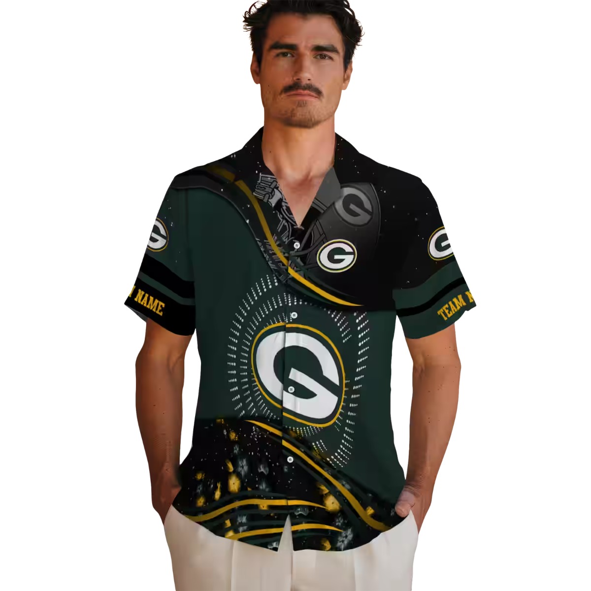 Unisex Green Bay Packers Hawaiian Shirt, Green Black Gold Wavy Design with Team Logo Helmet Graphic, Casual Button Down Short Sleeve