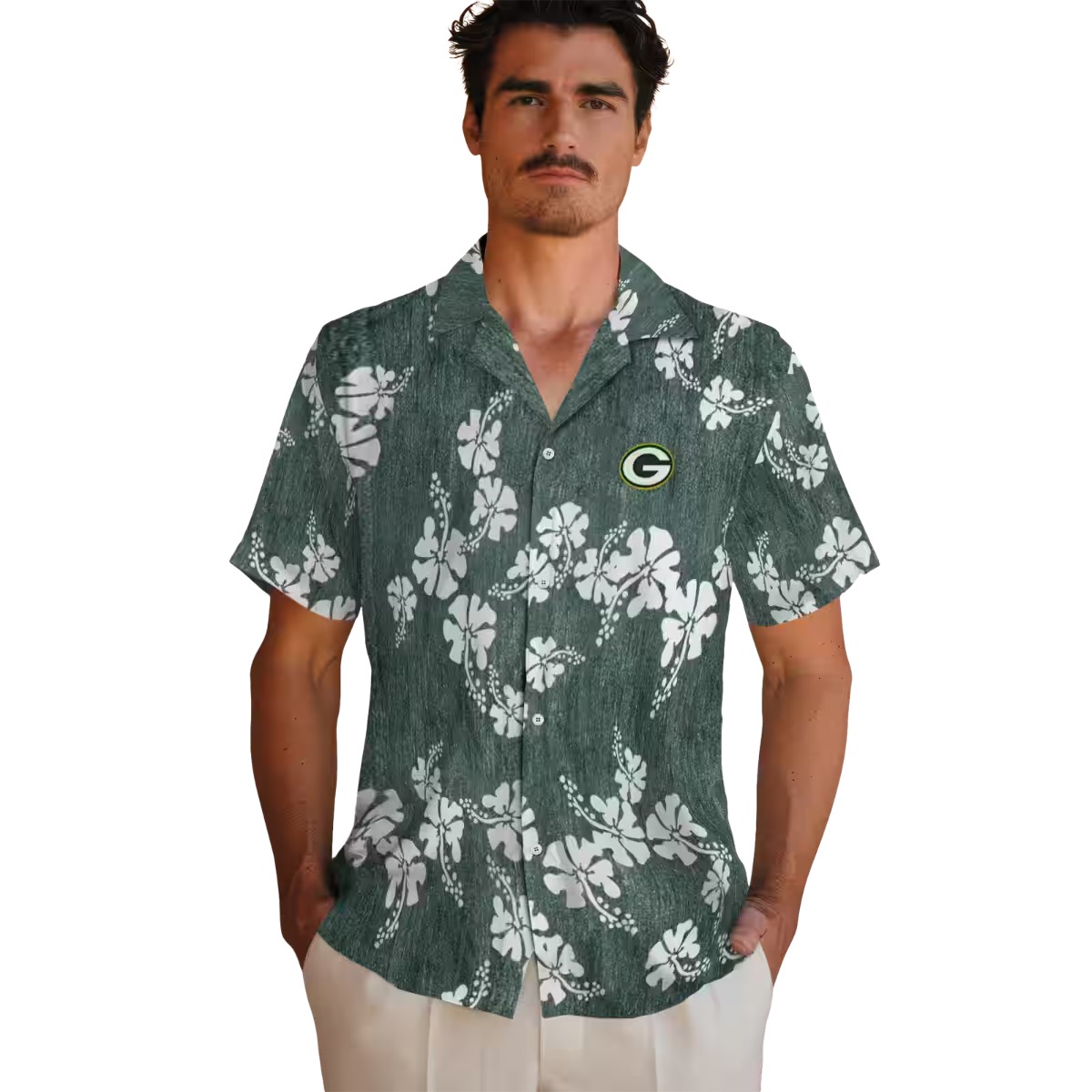 Unisex Green Bay Packers Hawaiian Shirt - Green White Hibiscus Tropical Floral Print Button-Down Casual