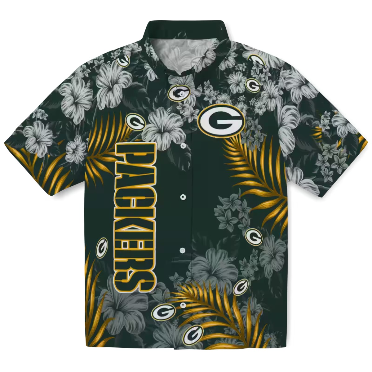 Unisex Green Bay Packers Hawaiian Shirt Tropical Floral Print with Hibiscus and Palm Leaves