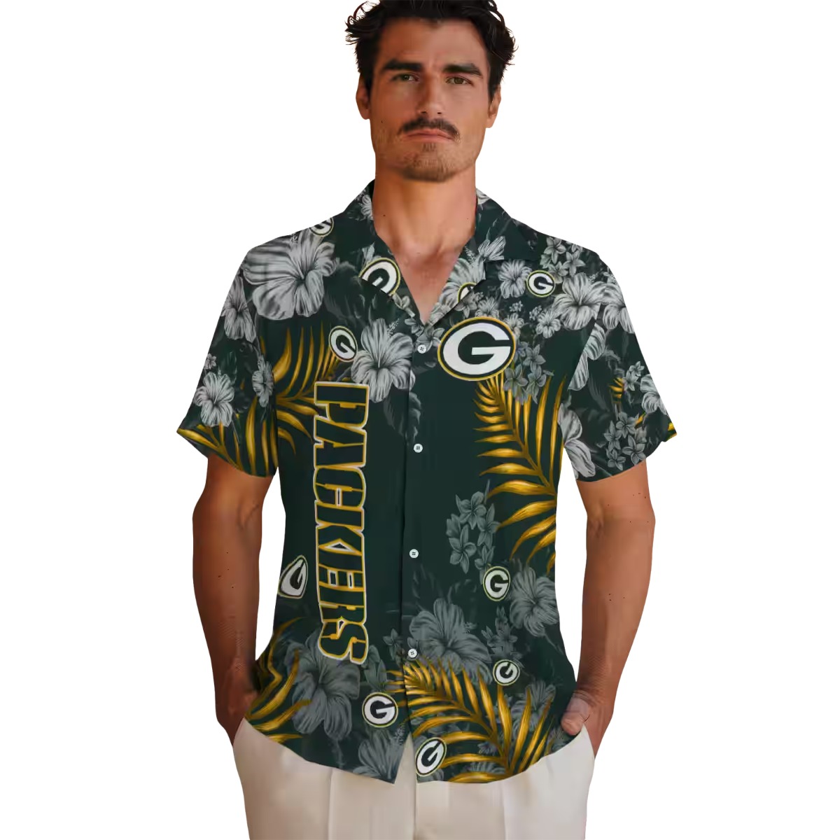 Unisex Green Bay Packers Hawaiian Shirt Tropical Floral Print with Hibiscus and Palm Leaves
