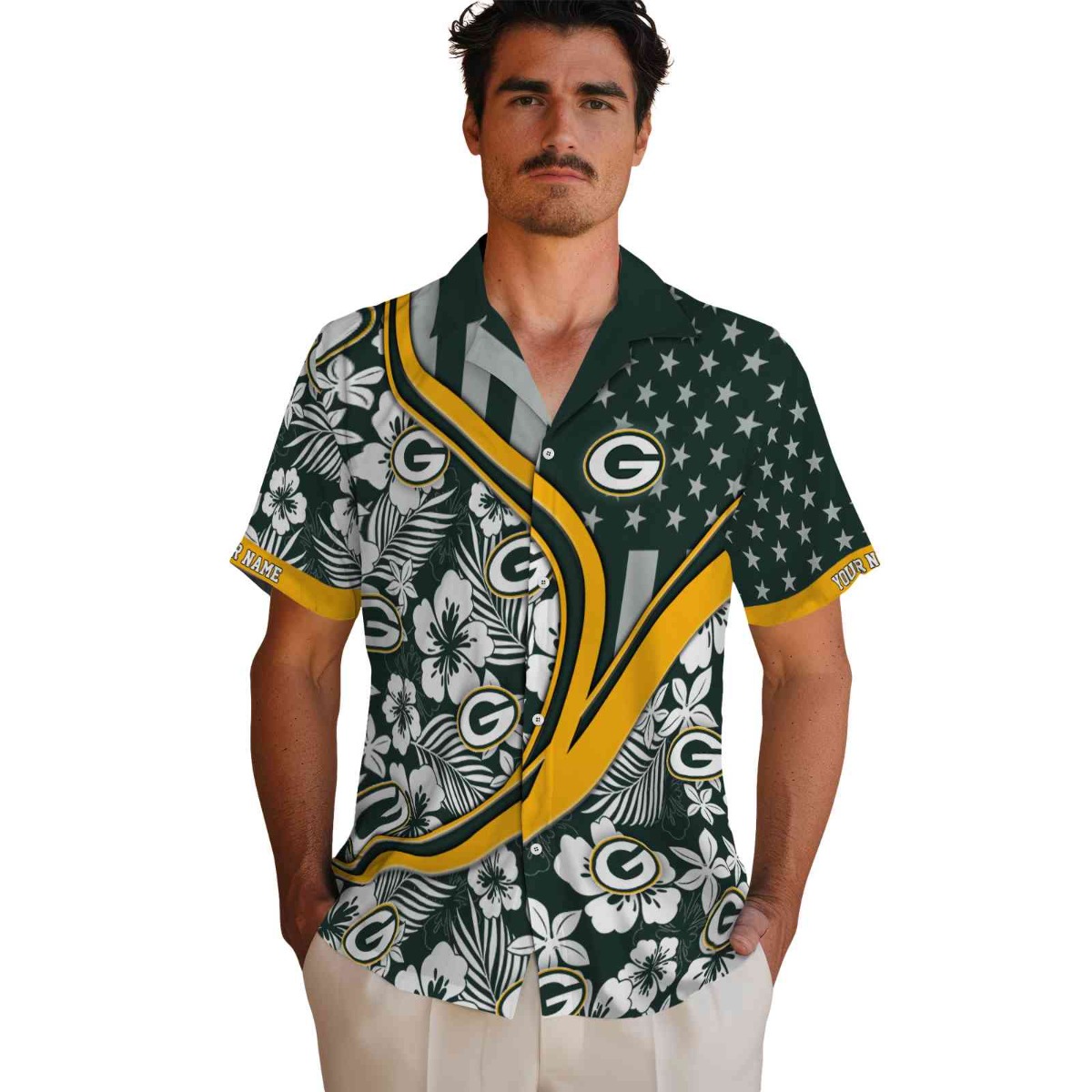 Unisex Green Bay Packers Hawaiian Shirt Tropical Floral Star Print Wave Short Sleeve Button Down