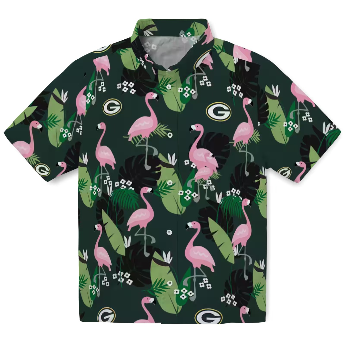 Unisex Green Bay Packers Hawaiian Shirt with Flamingo and Tropical Leaf Print - Casual Button-Down Aloha Shirt