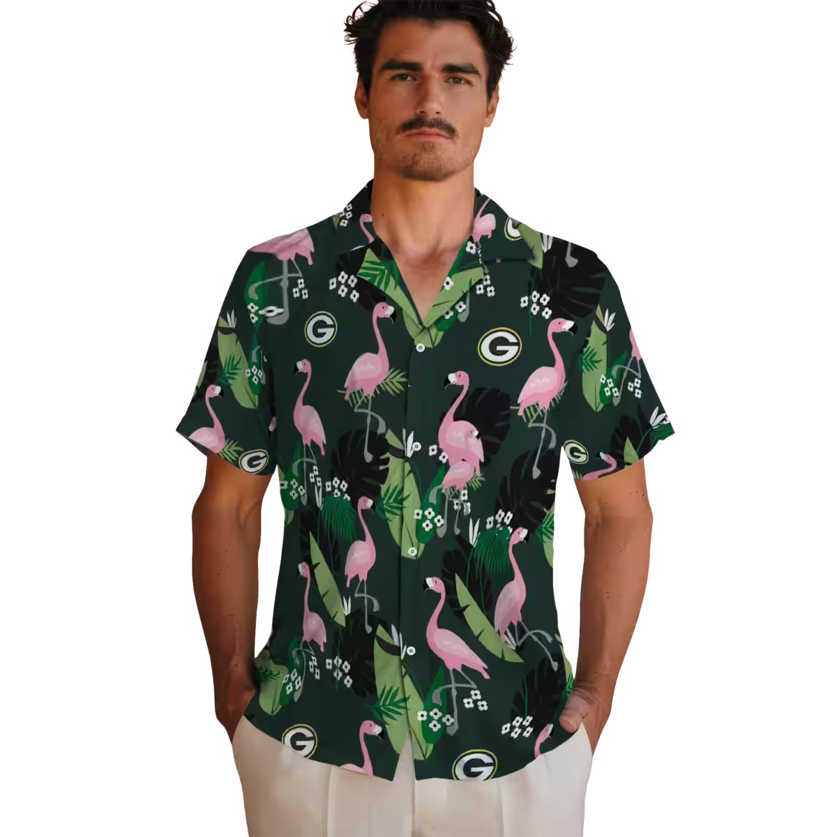 Unisex Green Bay Packers Hawaiian Shirt with Flamingo and Tropical Leaf Print - Casual Button-Down Aloha Shirt