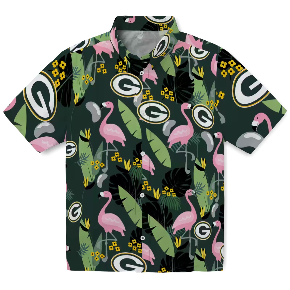 Unisex Green Bay Packers Hawaiian Shirt with Flamingo Tropical Leaf Floral Print Casual Button-Down