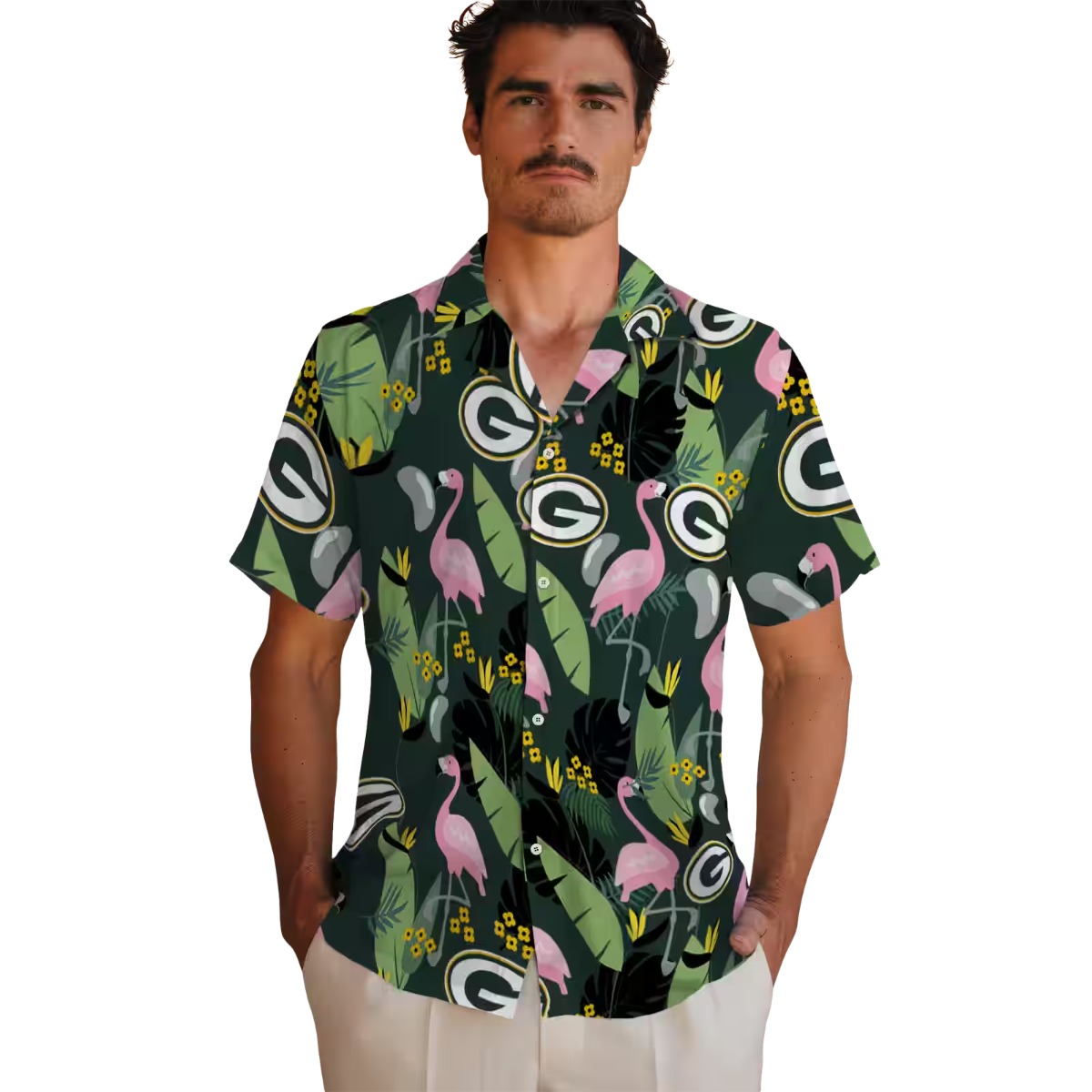 Unisex Green Bay Packers Hawaiian Shirt with Flamingo Tropical Leaf Floral Print Casual Button-Down