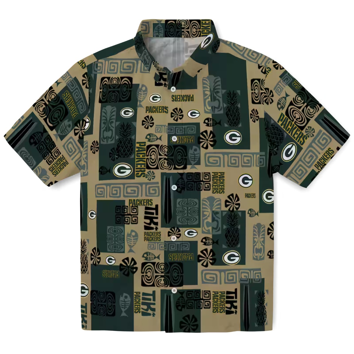 Unisex Green Bay Packers Hawaiian Shirt with Tribal Symbols Tiki Pineapple Pattern Short Sleeve Button-Down