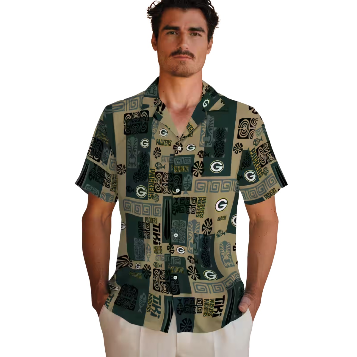 Unisex Green Bay Packers Hawaiian Shirt with Tribal Symbols Tiki Pineapple Pattern Short Sleeve Button-Down