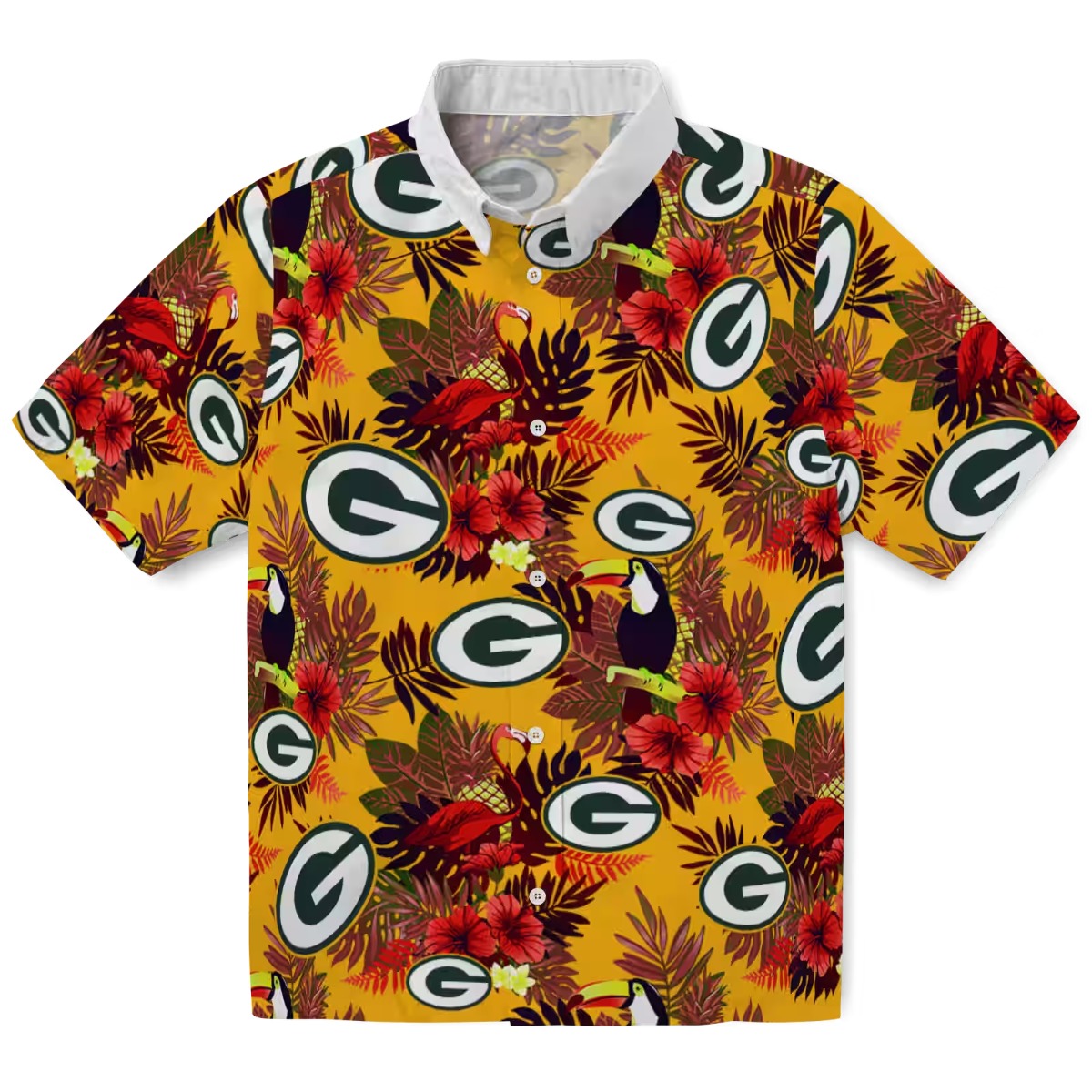 Unisex Green Bay Packers Hawaiian Shirt with Tropical Floral, Toucan, and Flamingo Pattern - Yellow Green Red Casual Button-Down