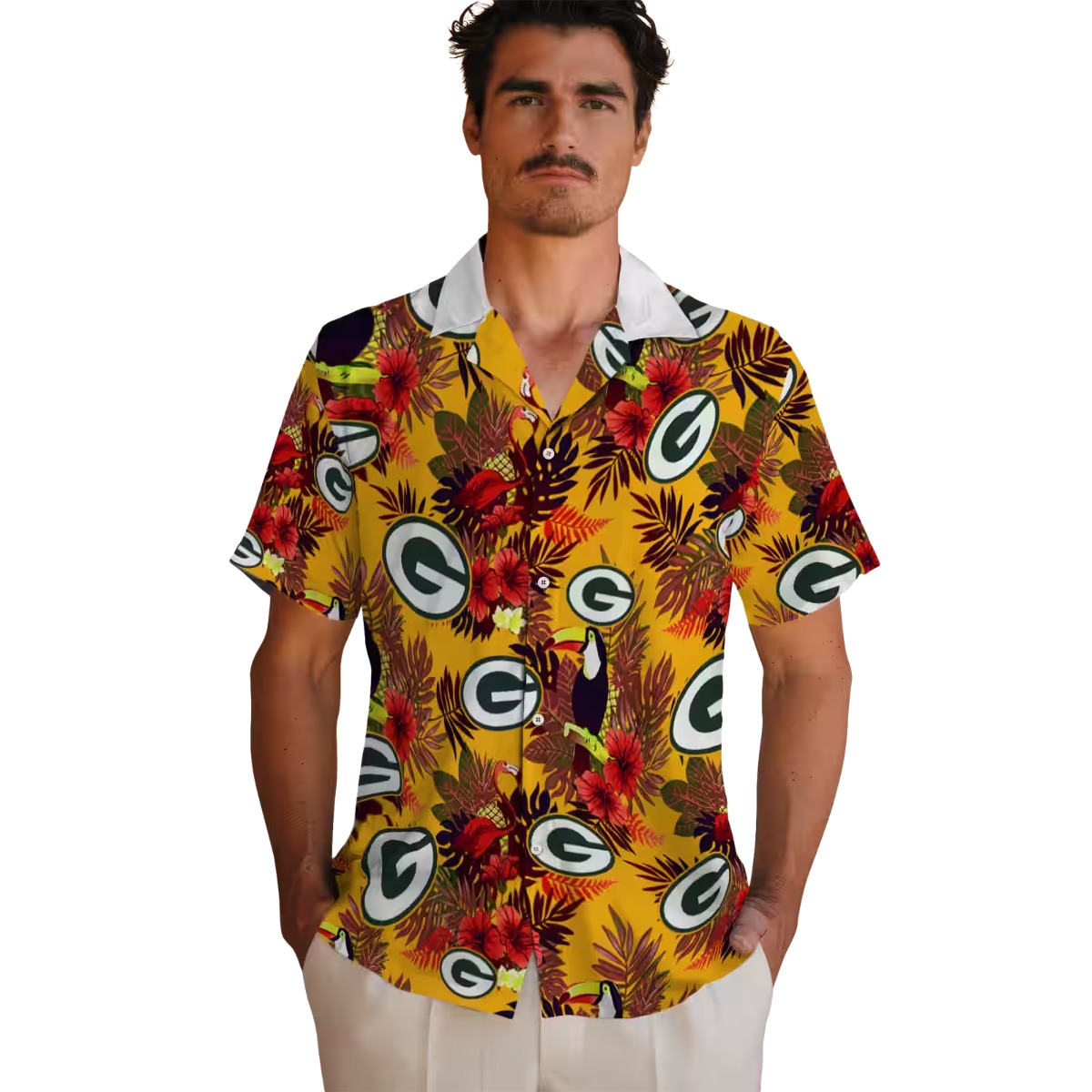 Unisex Green Bay Packers Hawaiian Shirt with Tropical Floral, Toucan, and Flamingo Pattern - Yellow Green Red Casual Button-Down