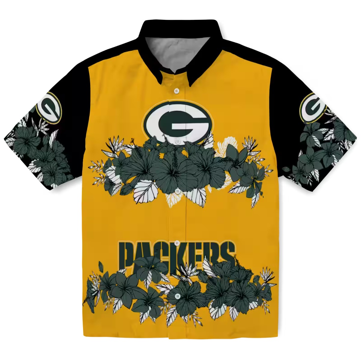 Unisex Green Bay Packers Hawaiian Shirt with Tropical Hibiscus Floral Print - Yellow Black Button-Down
