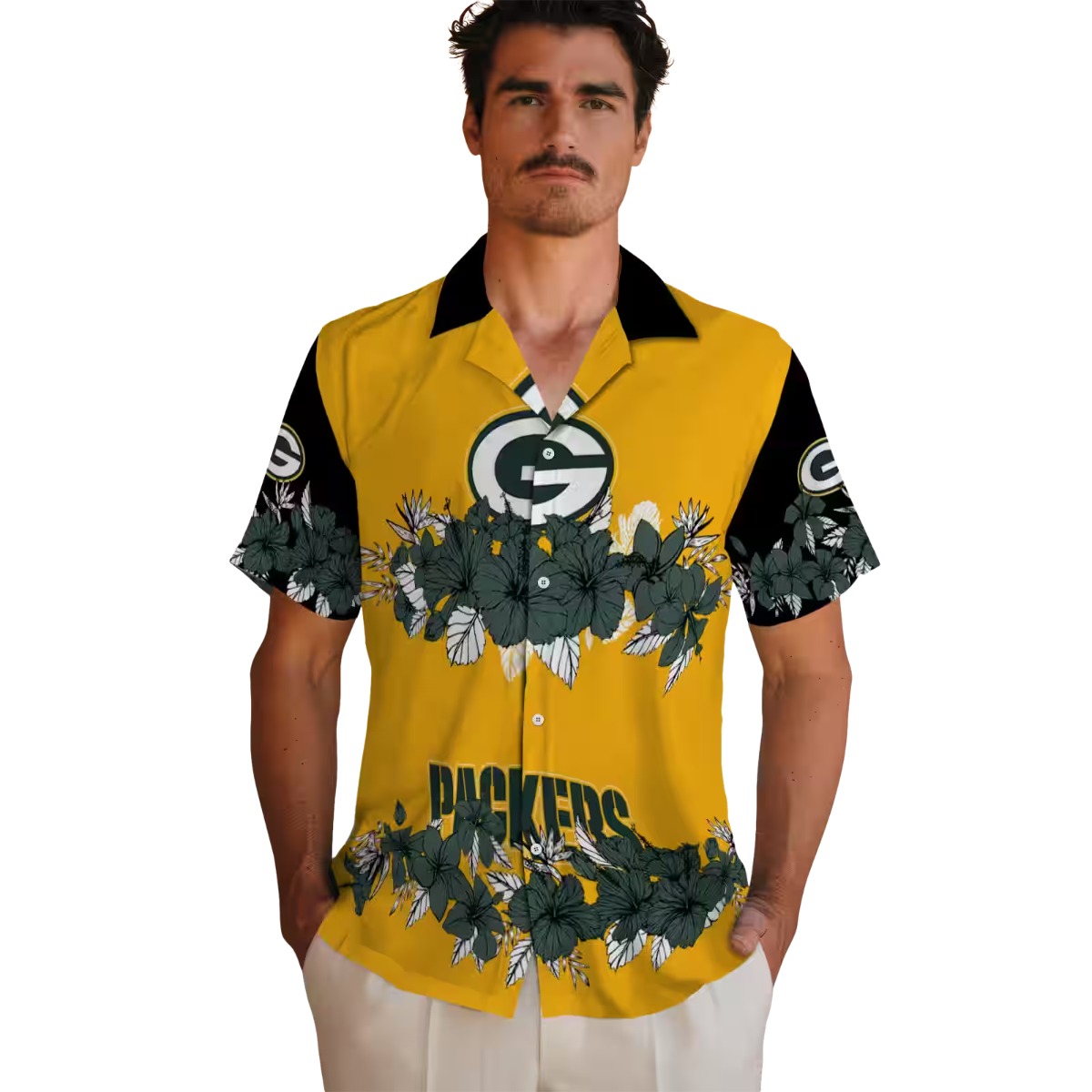 Unisex Green Bay Packers Hawaiian Shirt with Tropical Hibiscus Floral Print - Yellow Black Button-Down