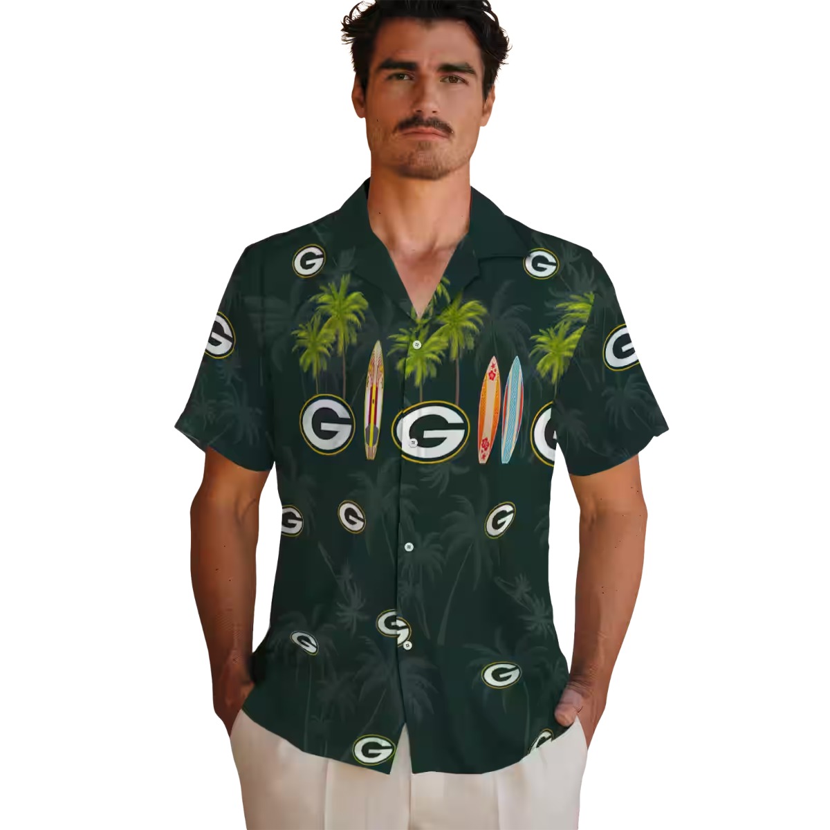 Unisex Green Bay Packers Hawaiian Shirt with Tropical Palm Tree and Surfboard Print - Casual Button-Down