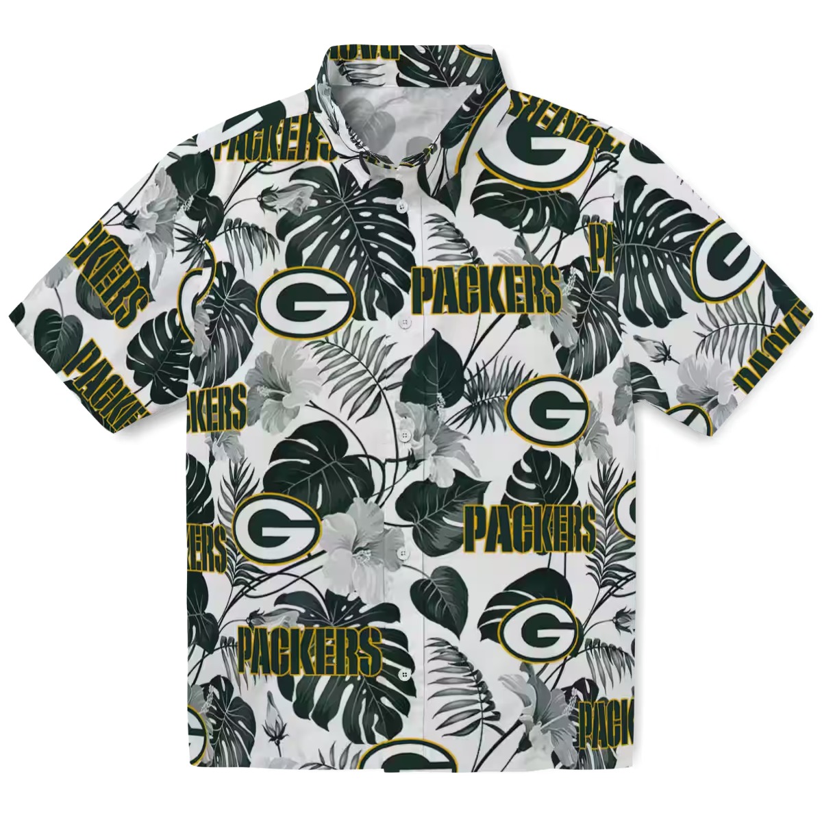 Unisex Green Bay Packers Hawaiian Shirt with Tropical Plants Pattern - Green White Casual Button-Down