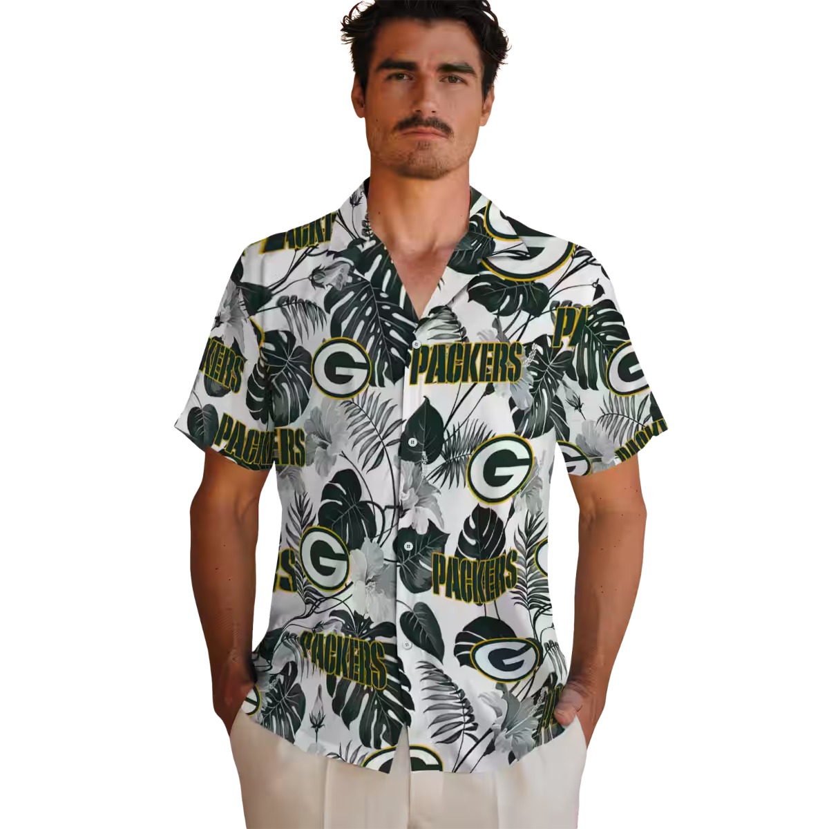 Unisex Green Bay Packers Hawaiian Shirt with Tropical Plants Pattern - Green White Casual Button-Down