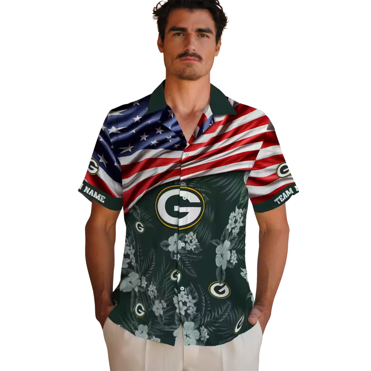 Unisex Green Bay Packers Hawaiian Shirt with US Flag and Dark Green Hibiscus Floral Print - Casual Button Down Aloha Shirt