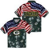 Unisex Green Bay Packers Hawaiian Shirt With Us Flag And Dark Green Hibiscus Floral Print Casual Button Down Aloha Shirt 3 Ff67v.jpg - sohemix