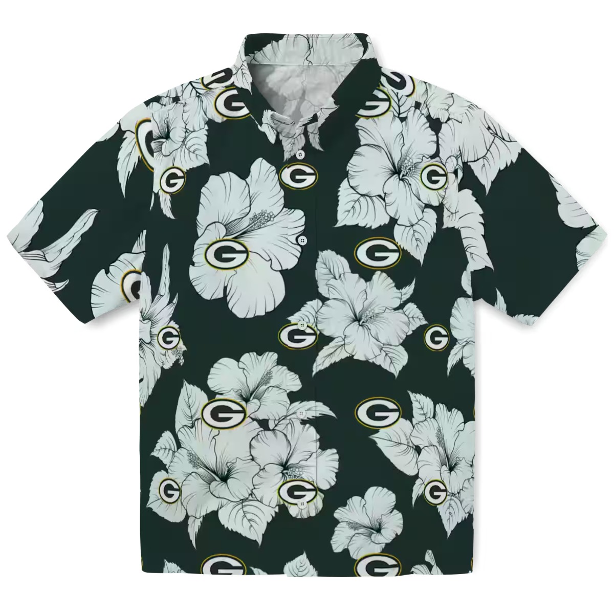 Unisex Green Bay Packers Hawaiian Shirt with White Hibiscus Floral Pattern - Casual Green Short Sleeve Button-Down Top