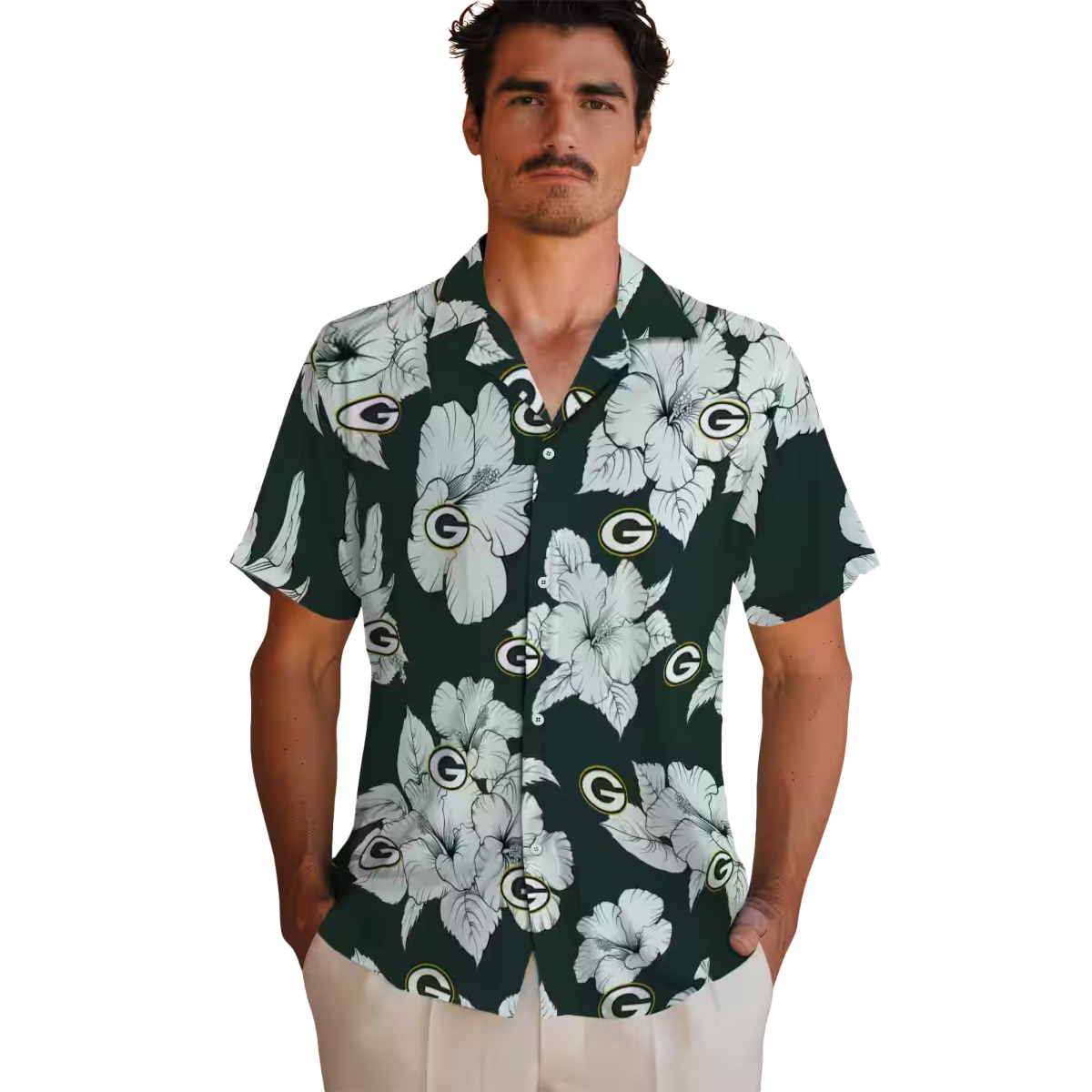 Unisex Green Bay Packers Hawaiian Shirt with White Hibiscus Floral Pattern - Casual Green Short Sleeve Button-Down Top