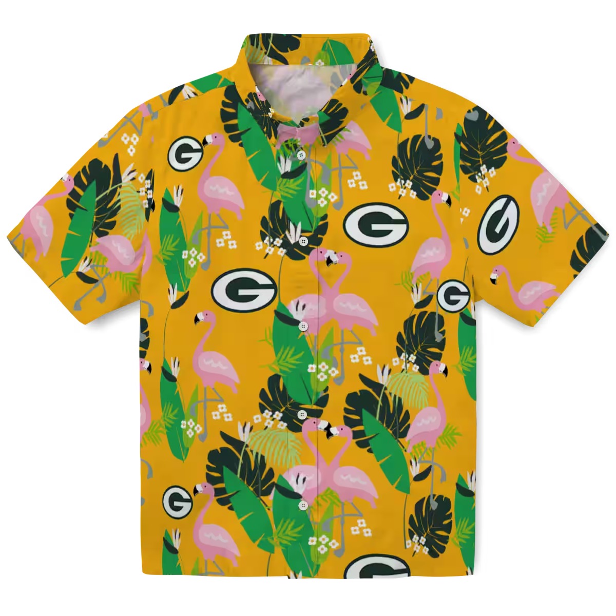 Unisex Green Bay Packers Hawaiian Shirt with Yellow Flamingo Tropical Leaf Print - Casual Summer Button-Down