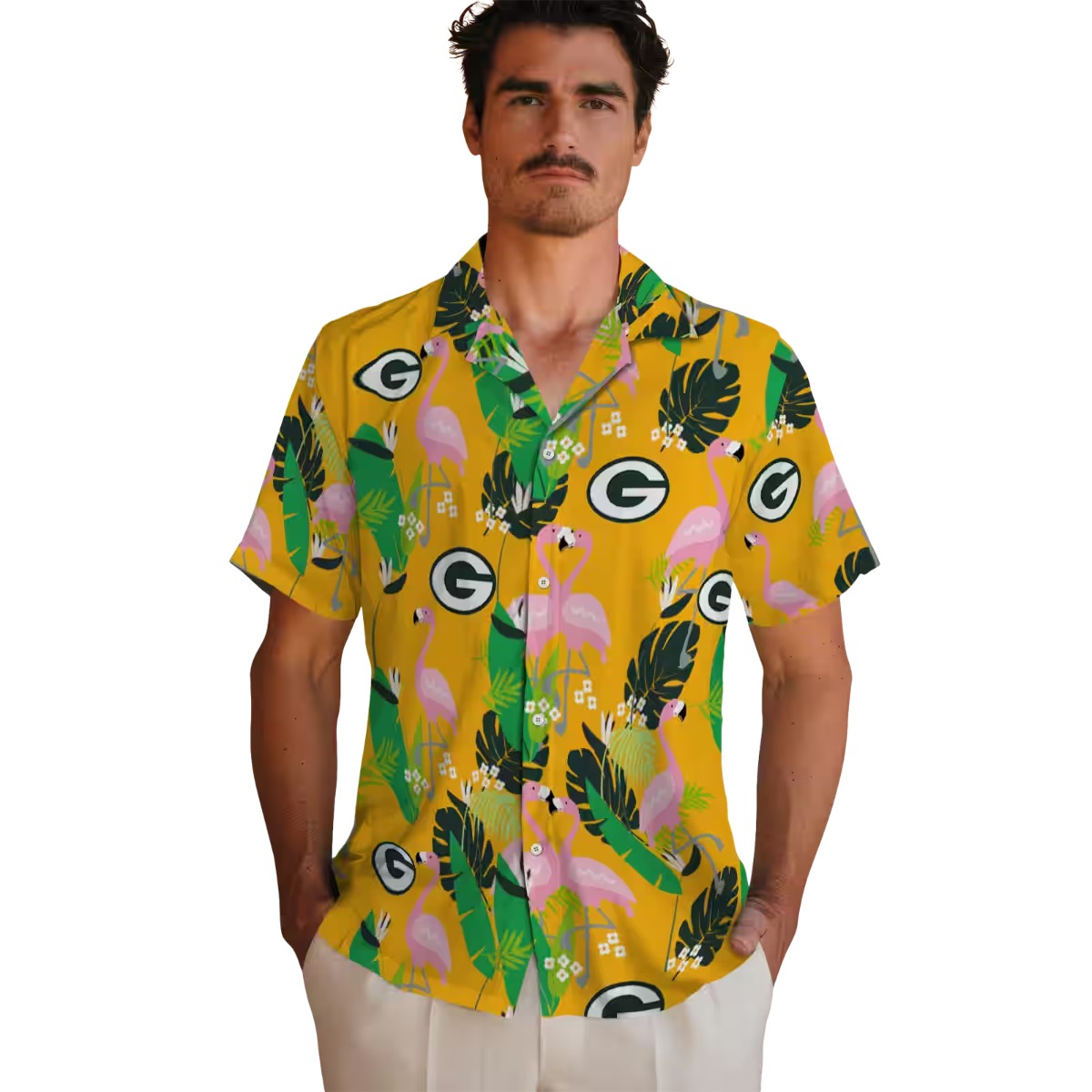 Unisex Green Bay Packers Hawaiian Shirt with Yellow Flamingo Tropical Leaf Print - Casual Summer Button-Down