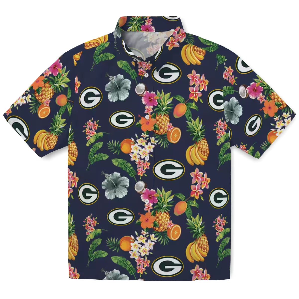 Unisex Green Bay Packers Navy Blue Tropical Fruit Floral Print Hawaiian Button-Down Shirt