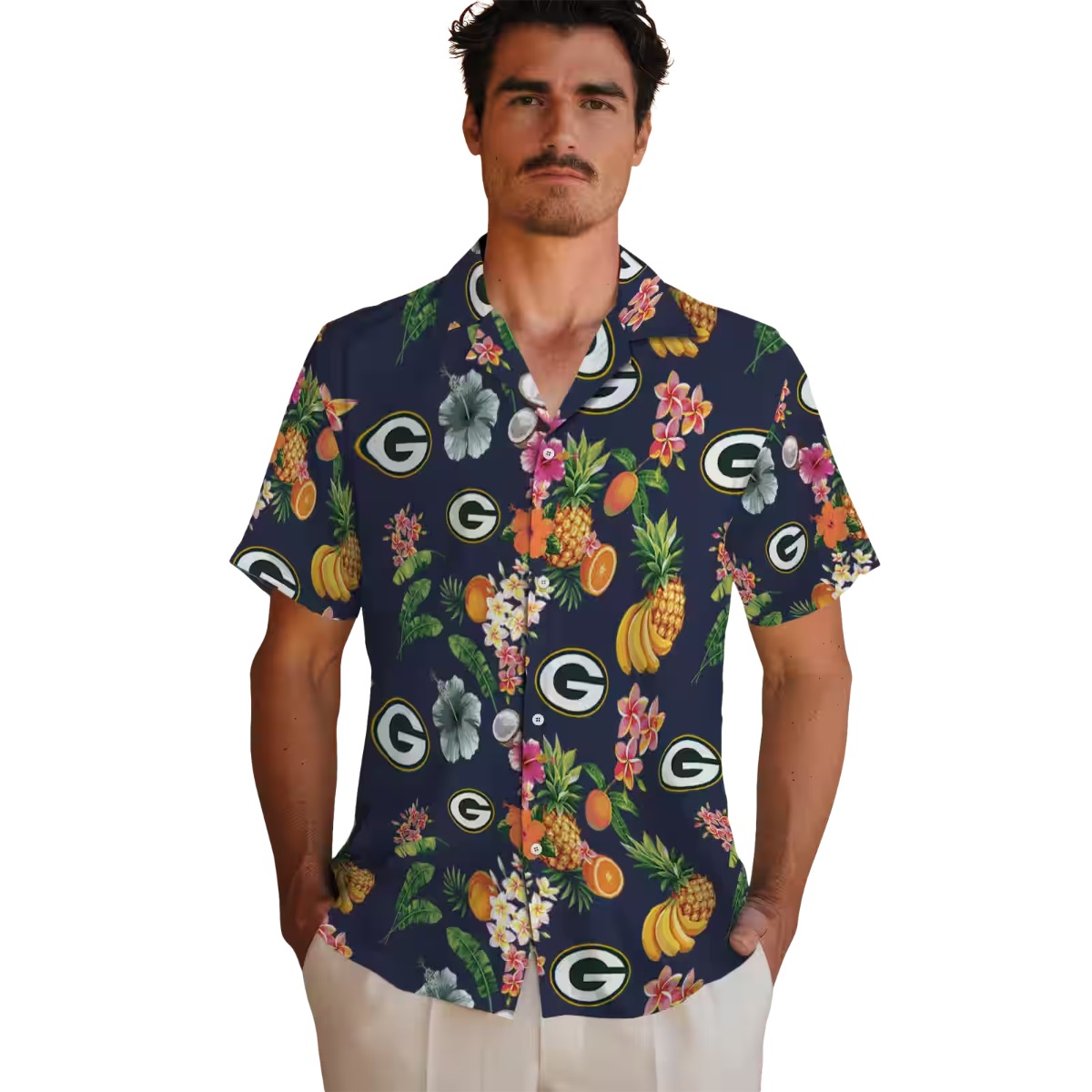Unisex Green Bay Packers Navy Blue Tropical Fruit Floral Print Hawaiian Button-Down Shirt
