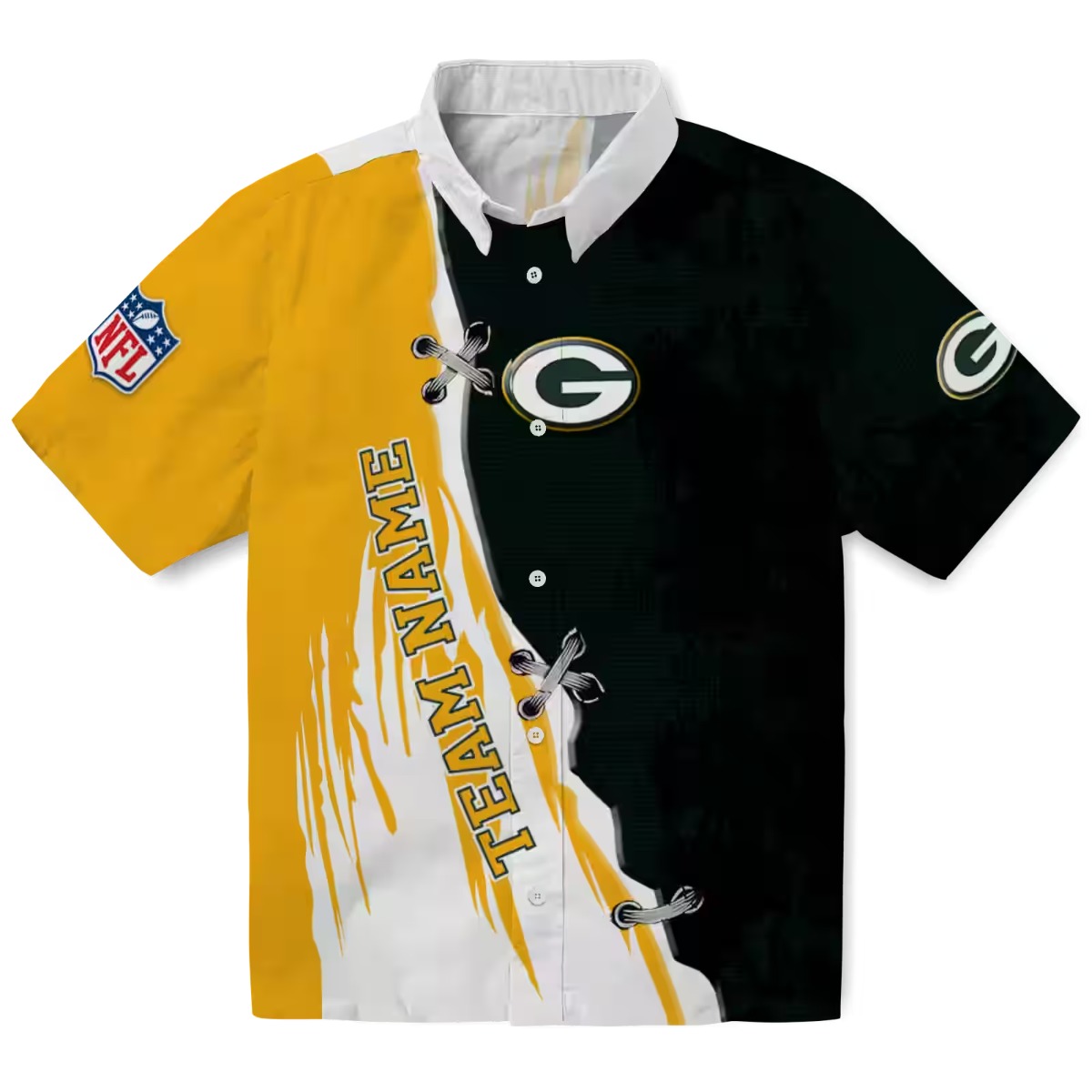 Unisex Green Bay Packers NFL Split Design Button-Down Shirt with Edgy Streaks, Lacing Graphic, Green Gold Colors