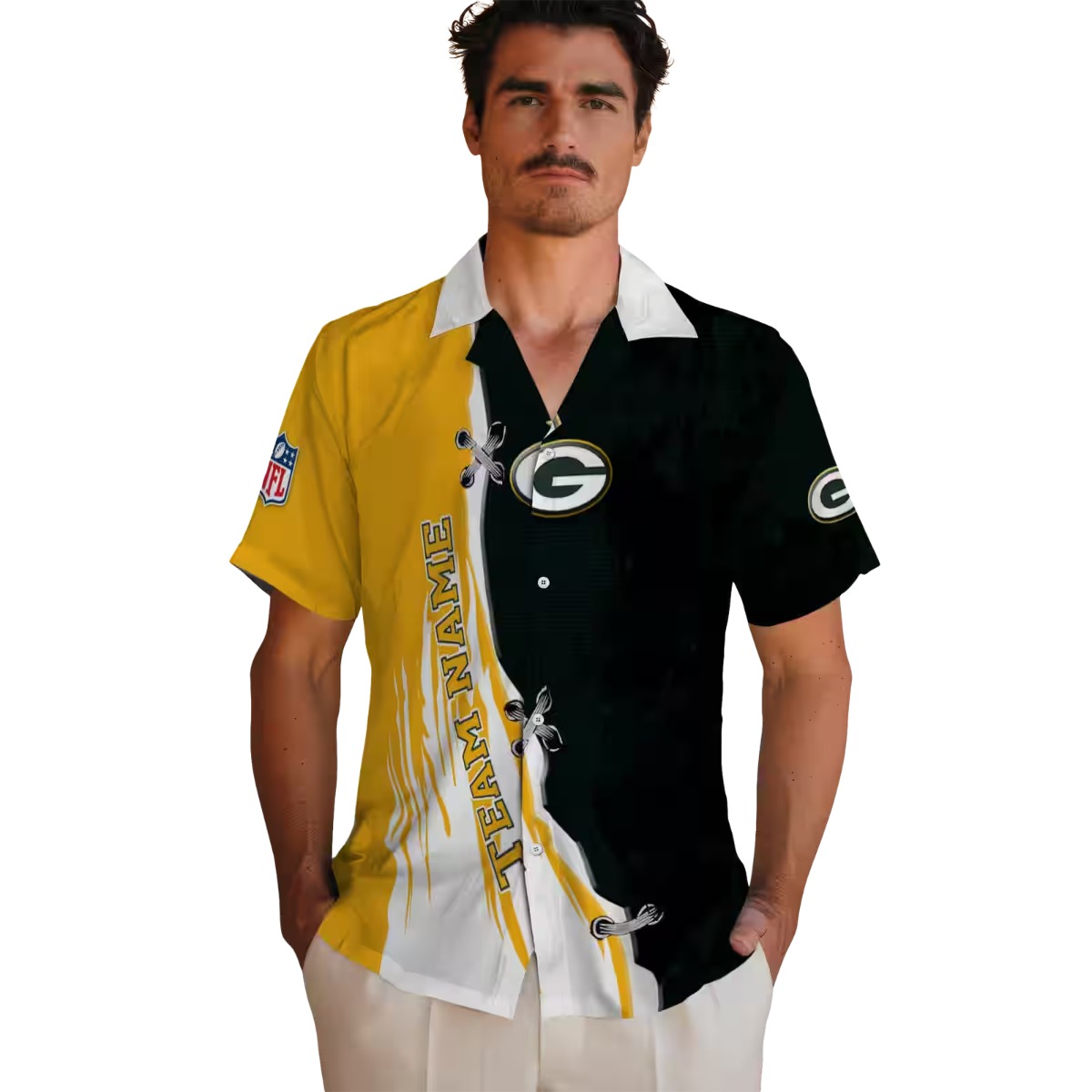 Unisex Green Bay Packers NFL Split Design Button-Down Shirt with Edgy Streaks, Lacing Graphic, Green Gold Colors