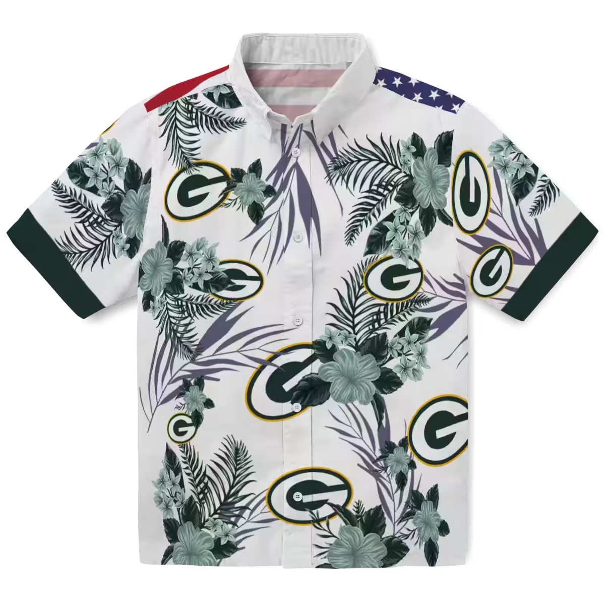Unisex Green Bay Packers Patriotic Hawaiian Shirt Tropical Floral Print Short Sleeve Button Down
