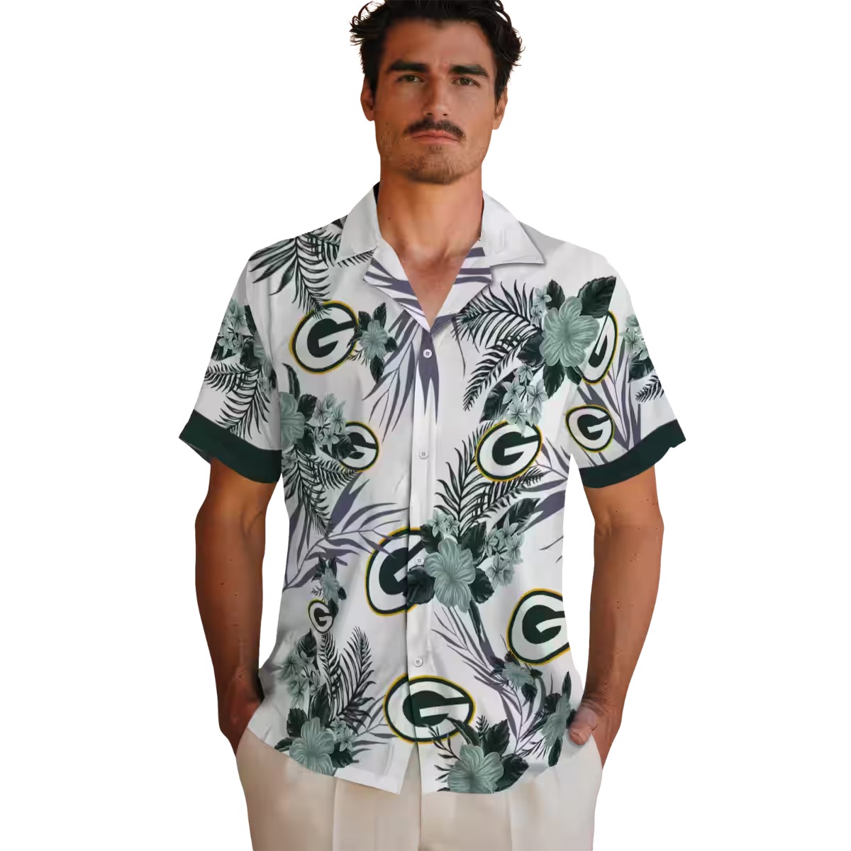 Unisex Green Bay Packers Patriotic Hawaiian Shirt Tropical Floral Print Short Sleeve Button Down