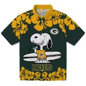 Unisex Green Bay Packers Snoopy Surfing Hawaiian Shirt Green Yellow Hibiscus Floral Print Short Sleeve Button Down 1 02bms.jpg - sohemix