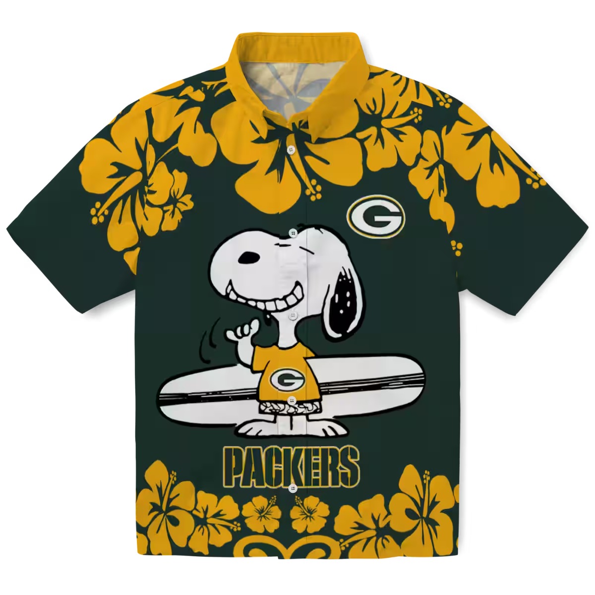 Unisex Green Bay Packers Snoopy Surfing Hawaiian Shirt - Green Yellow Hibiscus Floral Print Short Sleeve Button-Down