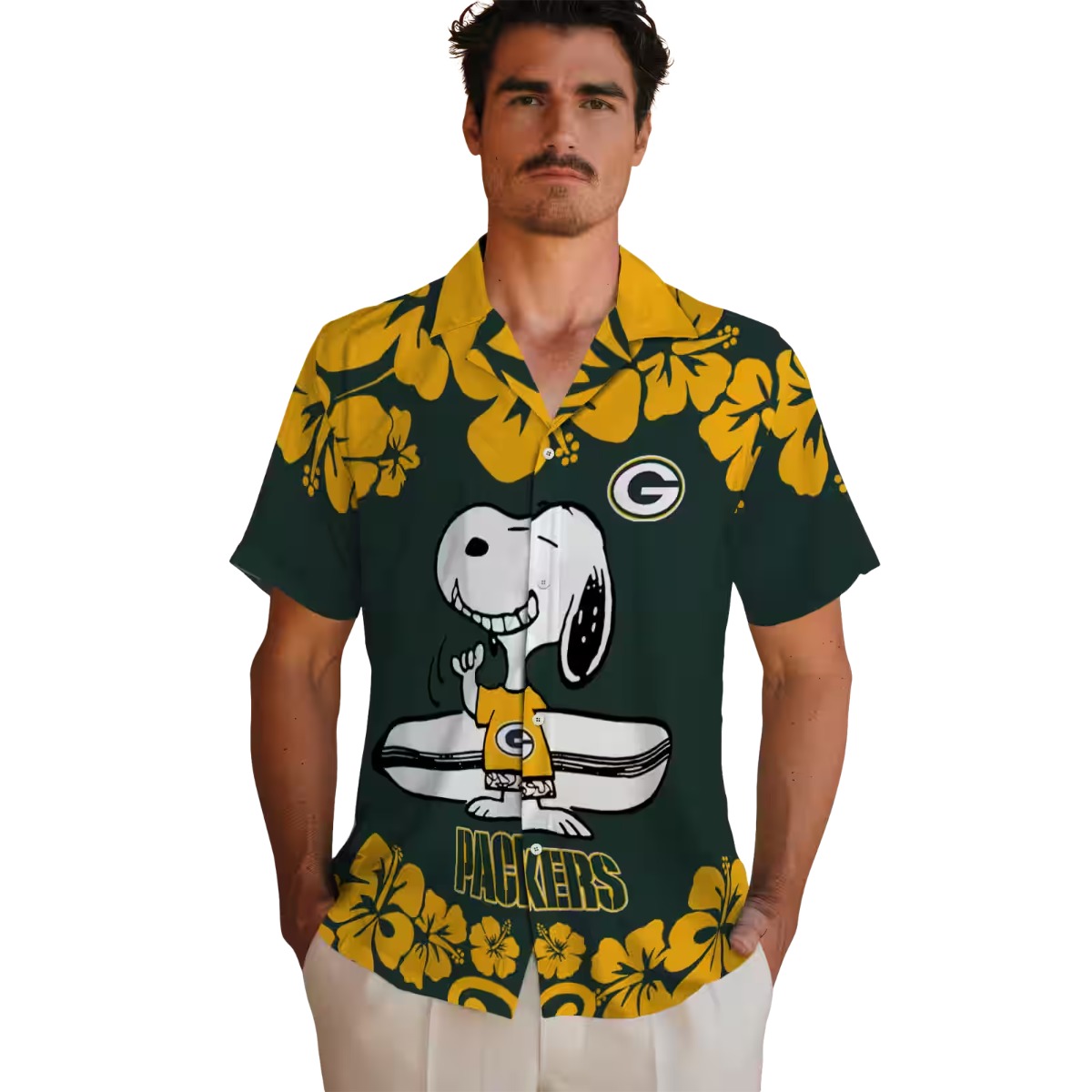 Unisex Green Bay Packers Snoopy Surfing Hawaiian Shirt - Green Yellow Hibiscus Floral Print Short Sleeve Button-Down