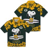 Unisex Green Bay Packers Snoopy Surfing Hawaiian Shirt Green Yellow Hibiscus Floral Print Short Sleeve Button Down 3 70zad.jpg - sohemix