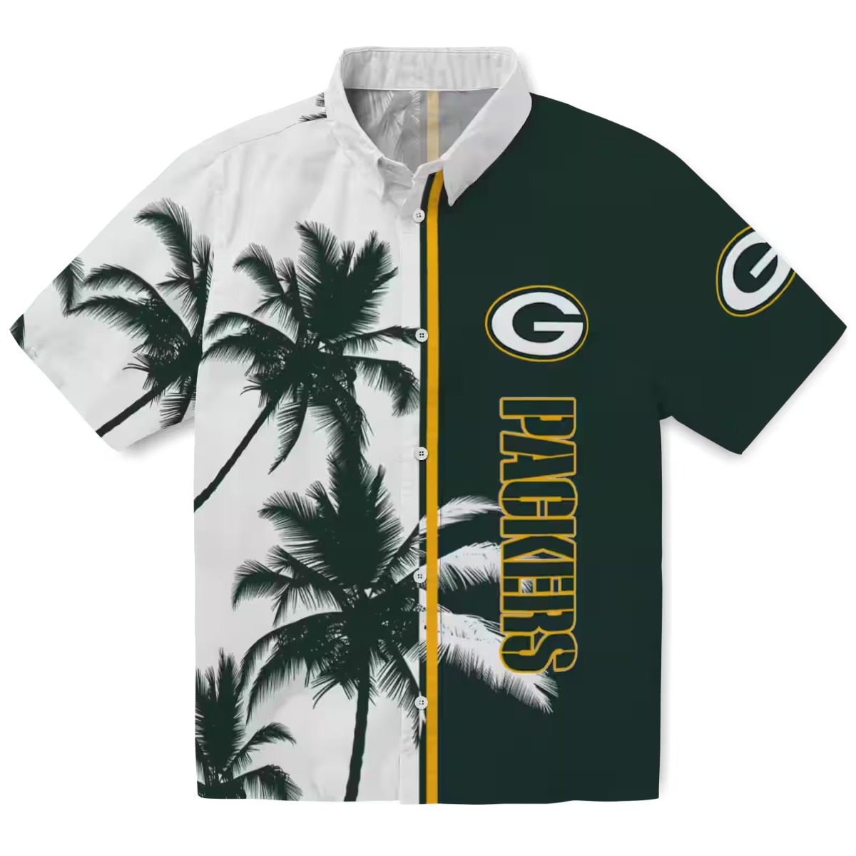 Unisex Green Bay Packers Split Green White Hawaiian Shirt with Palm Trees and Logo