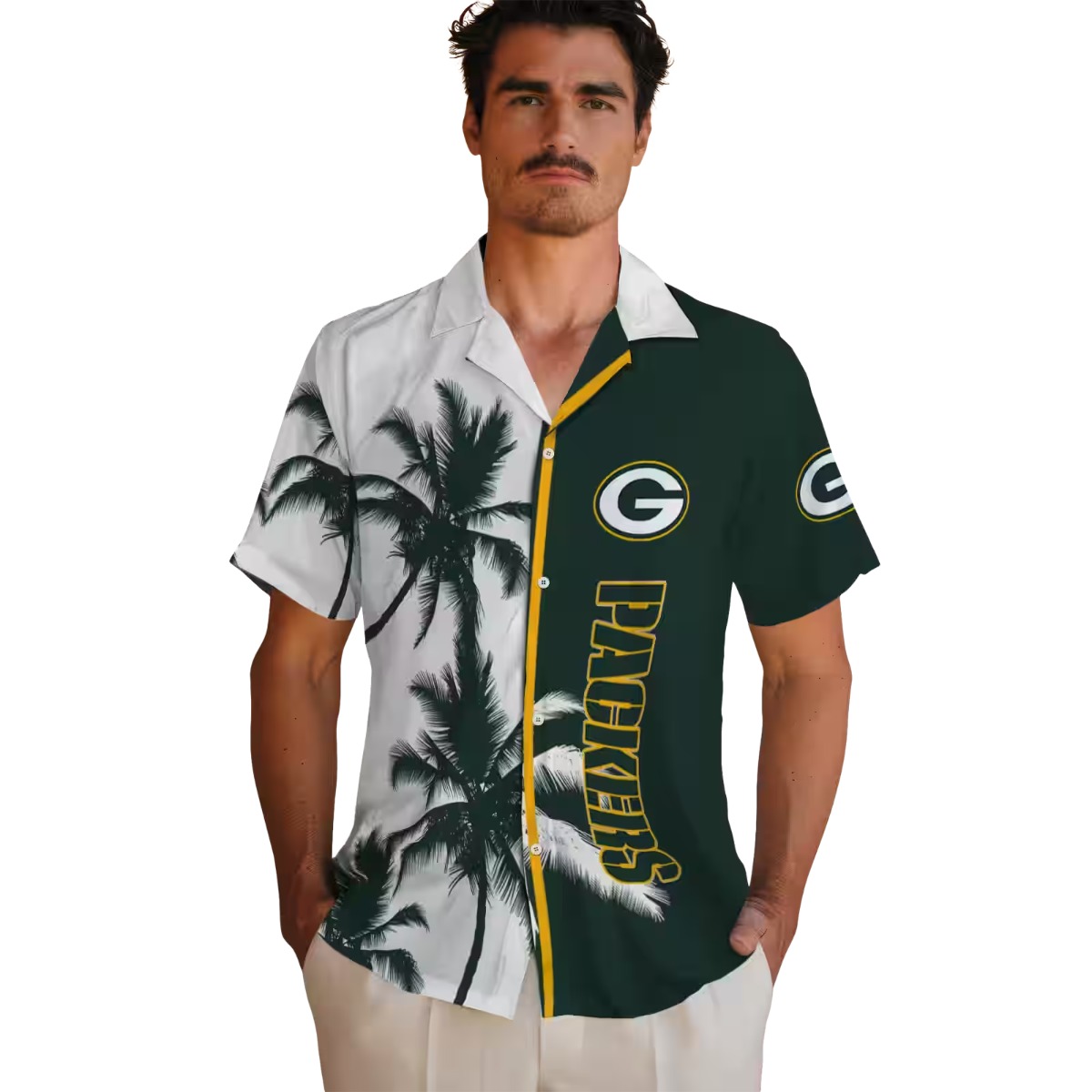 Unisex Green Bay Packers Split Green White Hawaiian Shirt with Palm Trees and Logo