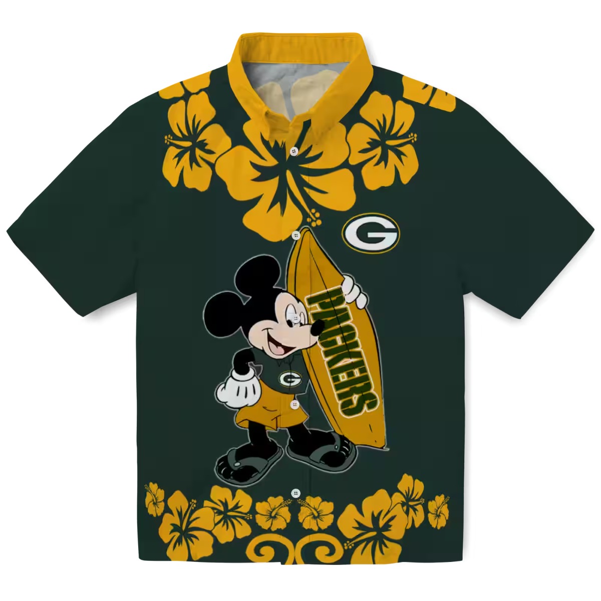 Unisex Green Bay Packers Surfing Mickey Mouse Hibiscus Floral Hawaiian Button-Down Shirt